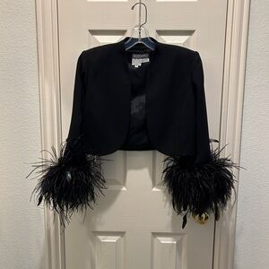 Black Feather-Cuff Cropped Jacket - Maggie London Petites